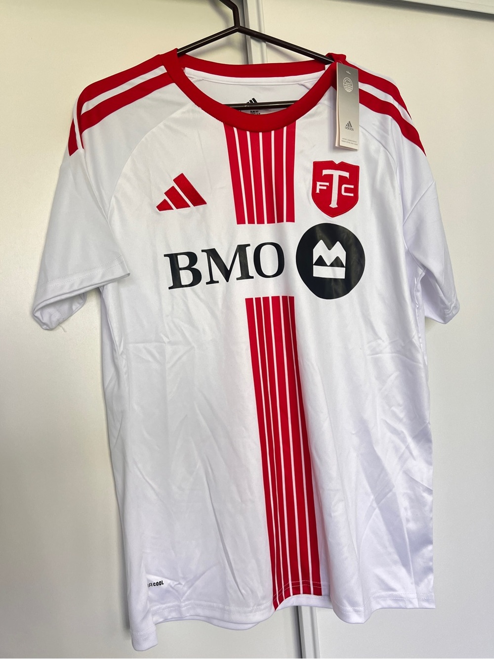 adidas Red & White Soccer Jersey with Vertical Stripes